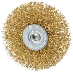 Value Collection - 3" OD, 1/4" Shank Diam, Crimped Brass Wheel Brush - 3/8" Face Width, 7/8" Trim Length, 0.014" Filament Diam, 20,000 RPM - Caliber Tooling