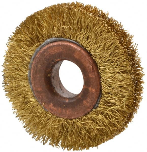 Value Collection - 1-1/2" OD, 3/8" Arbor Hole, Crimped Brass Wheel Brush - 5/16" Face Width, 3/8" Trim Length, 0.008" Filament Diam, 20,000 RPM - Caliber Tooling