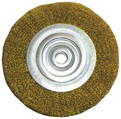 Value Collection - 8" OD, 2" Arbor Hole, Crimped Brass Wheel Brush - 1" Face Width, 1-3/4" Trim Length, 0.006" Filament Diam, 6,000 RPM - Caliber Tooling