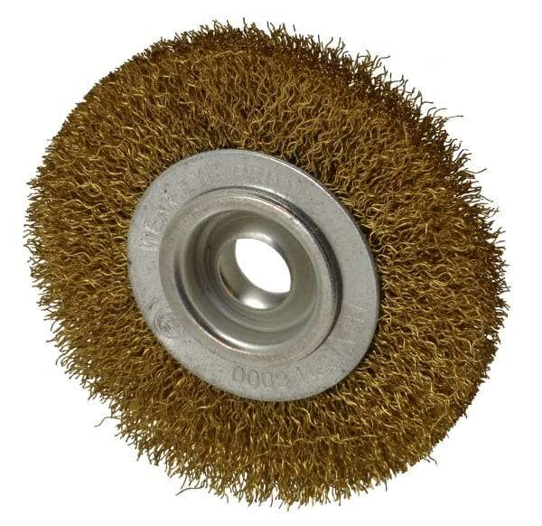 Value Collection - 4" OD, 5/8" Arbor Hole, Crimped Brass Wheel Brush - 1/2" Face Width, 5/8" Trim Length, 0.014" Filament Diam, 6,000 RPM - Caliber Tooling