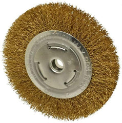 Value Collection - 6" OD, 5/8" Arbor Hole, Crimped Brass Wheel Brush - 1" Face Width, 1-1/8" Trim Length, 0.02" Filament Diam, 6,000 RPM - Caliber Tooling