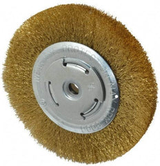 Value Collection - 6" OD, 5/8" Arbor Hole, Crimped Brass Wheel Brush - 1/2" Face Width, 1-1/8" Trim Length, 0.008" Filament Diam, 6,000 RPM - Caliber Tooling