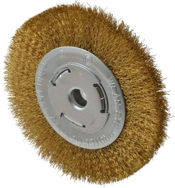 Value Collection - 6" OD, 1/4" Arbor Hole, Crimped Brass Wheel Brush - 1/2" Face Width, 1-1/8" Trim Length, 0.012" Filament Diam, 6,000 RPM - Caliber Tooling