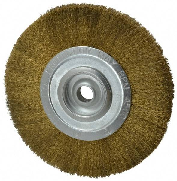 Value Collection - 8" OD, 3/4" Arbor Hole, Crimped Brass Wheel Brush - 1/2" Face Width, 1-3/4" Trim Length, 0.008" Filament Diam, 4,500 RPM - Caliber Tooling