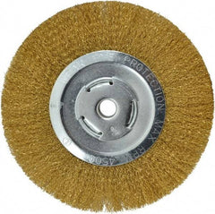 Value Collection - 8" OD, 5/8" Arbor Hole, Crimped Brass Wheel Brush - 1/2" Face Width, 1-3/4" Trim Length, 0.008" Filament Diam, 4,500 RPM - Caliber Tooling