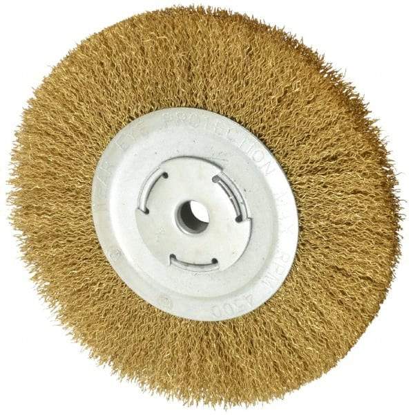 Value Collection - 8" OD, 5/8" Arbor Hole, Crimped Brass Wheel Brush - 1/2" Face Width, 1-3/4" Trim Length, 0.02" Filament Diam, 4,500 RPM - Caliber Tooling