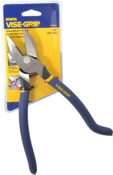 Irwin - 9" OAL, 1-1/2" Jaw Length x 1-1/4" Jaw Width, Side Cutting Ironworker's Pliers - Serrated Jaw, Standard Head, Textured Handles - Caliber Tooling