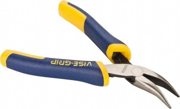 Irwin - 5" OAL, 1-1/8" Jaw Length x 1/4" Jaw Width, Long Nose Side Cutting Bent Nose Pliers - Serrated Jaw, Standard Head, ProTouch Handles, with Spring - Caliber Tooling