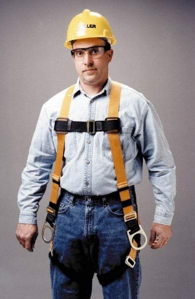 Miller - 400 Lb Capacity, Size Universal, Full Body Construction Safety Harness - Polyester, Side D-Ring, Mating Leg Strap, Mating Chest Strap, Yellow/Black - Caliber Tooling