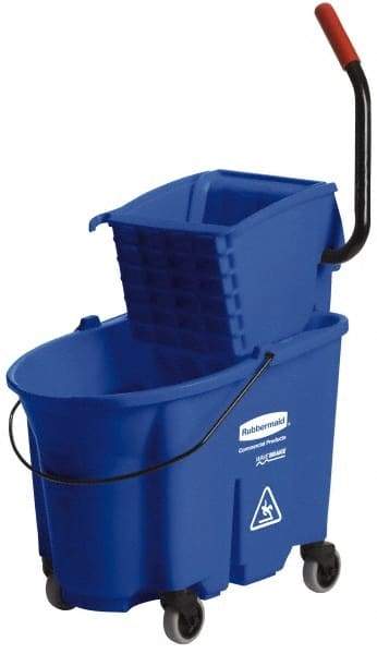 Rubbermaid - 35 Qt Plastic Bucket & Wringer - 20-1/8" Long x 36-1/2" High x 15-3/4" Wide, Blue - Caliber Tooling