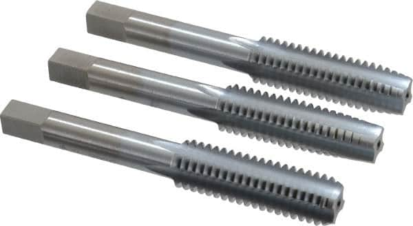 Made in USA - 7/16-14 UNC, 4 Flute, Bottoming, Plug & Taper, Chrome Finish, High Speed Steel Tap Set - Right Hand Cut, 3-5/32" OAL, 1-7/16" Thread Length, 2B/3B Class of Fit - Exact Industrial Supply