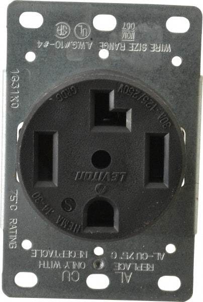 Leviton - 125/250 VAC, 30 Amp, 14-30R NEMA Configuration, Black, Industrial Grade, Self Grounding Single Receptacle - 1 Phase, 3 Poles, 4 Wire, Flush Mount, Corrosion Resistant - Caliber Tooling