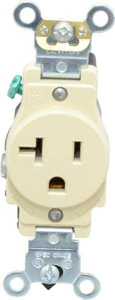 Leviton - 125 VAC, 20 Amp, 5-20R NEMA Configuration, Ivory, Industrial Grade, Self Grounding Single Receptacle - 1 Phase, 2 Poles, 3 Wire, Flush Mount, Impact and Tamper Resistant - Caliber Tooling