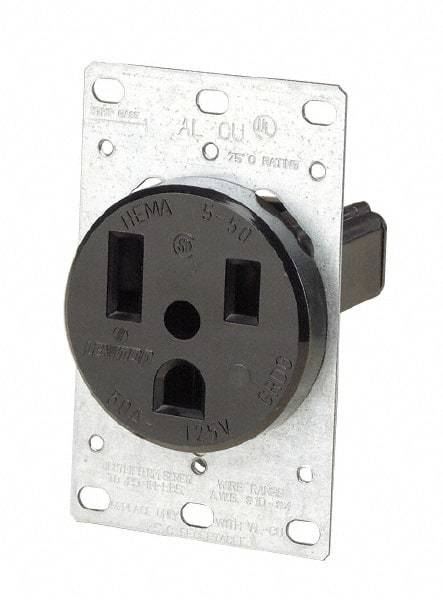 Leviton - 125 VAC, 50 Amp, 5-50P NEMA Configuration, Black, Industrial Grade, Self Grounding Single Receptacle - 1 Phase, 2 Poles, 3 Wire, Flush Mount, Tamper Resistant - Caliber Tooling