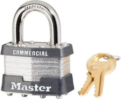 Master Lock - 15/16" Shackle Clearance, Keyed Alike Laminated Steel Padlock - 5/16" Shackle Diam, Steel - Caliber Tooling