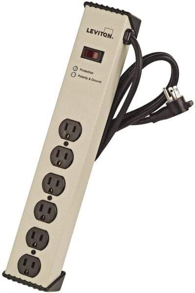 Leviton - 6 Outlets, 125 Volts, 15 Amps, 6' Cord, Power Outlet Strip - Free Hanging Mount, 5-15R NEMA Configuration, 15.73" Strip, cULus, UL Listed File 1449 - Caliber Tooling