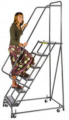 Ballymore - 93" 6 Step Ladder - Spring Loaded Rolling Safety Ladder, 450 Lb Capacity, 60" Platform Height, 24" Base Width x 49" Depth, Expanded Metal Tread - Caliber Tooling