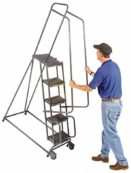 Ballymore - 78" 5 Step Ladder - Tilt & Roll Safety Ladder, 450 Lb Capacity, 47-1/2" Platform Height, 20" Base Width x 42" Base Depth, Abrasive Mat Tread - Caliber Tooling