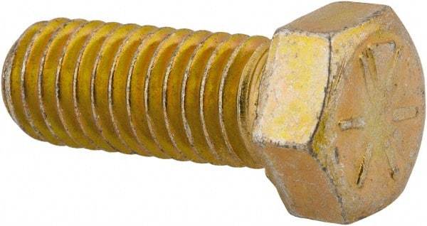 Made in North America - 7/16-14 UNC, 1-1/8" Length Under Head Hex Head Cap Screw - Fully Threaded, Grade 8 Alloy Steel, Zinc Yellow Dichromate Finish, 5/8" Hex - Caliber Tooling