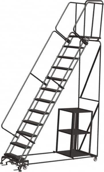 Ballymore - 153" 12 Step Ladder - Safety Stock Picking Ladder, 450 Lb Capacity, 120" Platform Height, 32" Base Width x 93" Depth, Expanded Metal Tread - Caliber Tooling