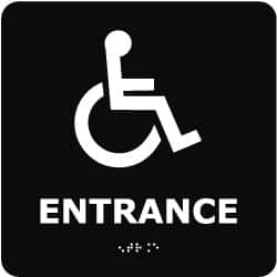 NMC - Entrance, 8" Wide x 8" High, Plastic Sign - English, Braille, White on Black, Wall Mount - Caliber Tooling