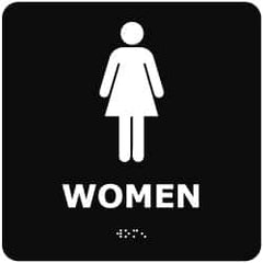 NMC - Women, 8" Wide x 8" High, Plastic Sign - English, Braille, White on Black, Wall Mount - Caliber Tooling