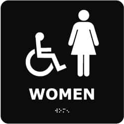 NMC - Women, 8" Wide x 8" High, Plastic Sign - English, Braille, White on Black, Wall Mount - Caliber Tooling