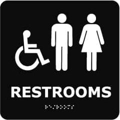 NMC - Restrooms, 8" Wide x 8" High, Plastic Sign - English, Braille, White on Black, Wall Mount - Caliber Tooling