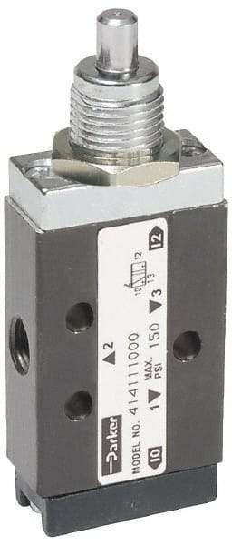 Parker - 0.20 CV Rate, 1/8" NPT Inlet Direct Air 2 Mechanical Spool Valve - 3 Way, 2 Position, 150 Max psi, Plunger Spring Return - Caliber Tooling