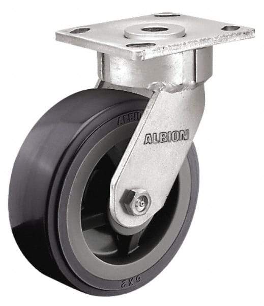 Albion - 5" Diam x 2" Wide x 6-1/2" OAH Top Plate Mount Swivel Caster - Polyurethane, 1,000 Lb Capacity, Roller Bearing, 4 x 4-1/2" Plate - Caliber Tooling