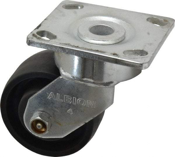 Albion - 4" Diam x 2" Wide x 5-5/8" OAH Top Plate Mount Swivel Caster - Glass Filled Nylon, 800 Lb Capacity, Roller Bearing, 4 x 4-1/2" Plate - Caliber Tooling