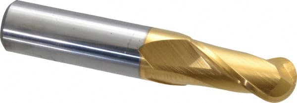 Hertel - 5/8" Diam, 1-1/4" LOC, 2 Flute Solid Carbide Ball End Mill - TiN Finish, Single End, 3-1/2" OAL, 5/8" Shank Diam - Caliber Tooling