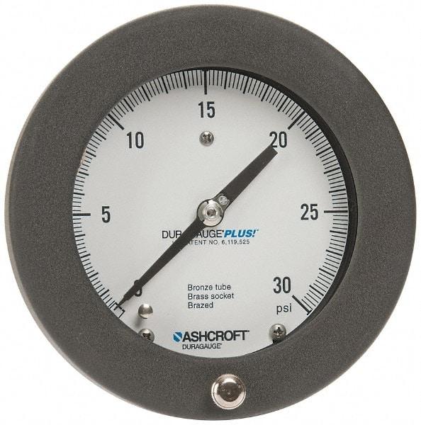 Ashcroft - 4-1/2" Dial, 1/4 Thread, 0-30 Scale Range, Pressure Gauge - Center Back Connection Mount, Accurate to 0.5% of Scale - Caliber Tooling