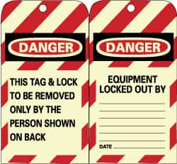 NMC - 3" High x 6" Long, DANGER - THIS TAG & LOCK TO BE REMOVED ONLY BY THE PERSON SHOWN ON BACK, English Safety & Facility Lockout Tag - Tag Header: Danger, 2 Sides, Black, Red & White Unrippable Vinyl - Caliber Tooling