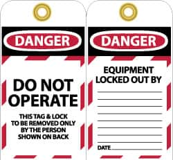 NMC - 3" High x 6" Long, DANGER - DO NOT OPERATE - THIS TAG & LOCK TO BE REMOVED ONLY BY THE PERSON SHOWN ON BACK, English Safety & Facility Lockout Tag - Tag Header: Danger, 2 Sides, Black, Red & White Unrippable Vinyl - Caliber Tooling