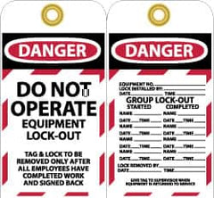 NMC - 3" High x 6" Long, DANGER - DO NOT OPERATE - EQUIPMENT LOCK-OUT, English Safety & Facility Lockout Tag - Tag Header: Danger, 2 Sides, Black, Red & White Unrippable Vinyl - Caliber Tooling