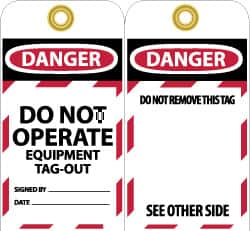 NMC - 3" High x 6" Long, DANGER - DO NOT OPERATE - EQUIPMENT TAG-OUT, English Safety & Facility Lockout Tag - Tag Header: Danger, 2 Sides, Black, Red & White Unrippable Vinyl - Caliber Tooling