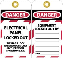 NMC - 3" High x 6" Long, DANGER - ELECTRICAL PANEL LOCKED OUT - THIS TAG & LOCK TO BE REMOVED ONLY BY THE PERSON SHOWN ON BACK, English Safety & Facility Lockout Tag - Tag Header: Danger, 2 Sides, Black, Red & White Unrippable Vinyl - Caliber Tooling