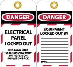 NMC - 3" High x 6" Long, DANGER - ELECTRICAL PANEL LOCKED OUT - THIS TAG & LOCK TO BE REMOVED ONLY BY THE PERSON SHOWN ON BACK, English Safety & Facility Lockout Tag - Tag Header: Danger, 2 Sides, Black, Red & White Unrippable Vinyl - Caliber Tooling