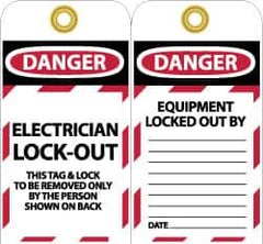 NMC - 3" High x 6" Long, DANGER - ELECTRICIAN LOCK-OUT - THIS TAG & LOCK TO BE REMOVED ONLY BY THE PERSON SHOWN ON BACK, English Safety & Facility Lockout Tag - Tag Header: Danger, 2 Sides, Black, Red & White Unrippable Vinyl - Caliber Tooling