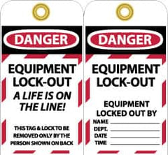 NMC - 3" High x 6" Long, DANGER - EQUIPMENT LOCK-OUT - A LIFE IS ON THE LINE! THIS TAG & LOCK TO BE REMOVED ONLY BY THE PERSON SHOWN ON BACK, English Safety & Facility Lockout Tag - Tag Header: Danger, 2 Sides, Black, Red & White Unrippable Vinyl - Caliber Tooling