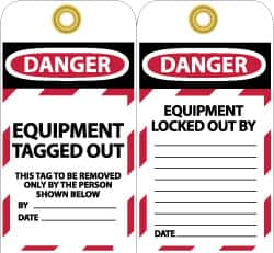 NMC - 3" High x 6" Long, DANGER - EQUIPMENT TAGGED OUT - THIS TAG TO BE REMOVED ONLY BY THE PERSON SHOWN BELOW, English Safety & Facility Lockout Tag - Tag Header: Danger, 2 Sides, Black, Red & White Unrippable Vinyl - Caliber Tooling