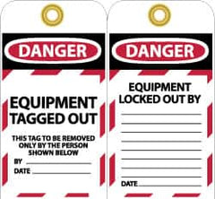 NMC - 3" High x 6" Long, DANGER - EQUIPMENT TAGGED OUT - THIS TAG TO BE REMOVED ONLY BY THE PERSON SHOWN BELOW, English Safety & Facility Lockout Tag - Tag Header: Danger, 2 Sides, Black, Red & White Unrippable Vinyl - Caliber Tooling