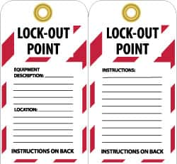 NMC - 3" High x 6" Long, LOCK-OUT POINT, English Safety & Facility Lockout Tag - Tag Header: Notice, 2 Sides, Black, Red & White Unrippable Vinyl - Caliber Tooling