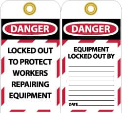 NMC - 3" High x 6" Long, DANGER - LOCKED OUT TO PROTECT WORKERS REPAIRING EQUIPMENT, English Safety & Facility Lockout Tag - Tag Header: Danger, 2 Sides, Black, Red & White Unrippable Vinyl - Caliber Tooling