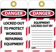 NMC - 3" High x 6" Long, DANGER - LOCKED OUT TO PROTECT WORKERS REPAIRING EQUIPMENT, English Safety & Facility Lockout Tag - Tag Header: Danger, 2 Sides, Black, Red & White Unrippable Vinyl - Caliber Tooling