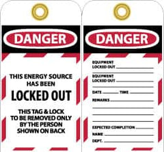 NMC - 3" High x 6" Long, DANGER - THIS ENERGY SOURCE HAS BEEN LOCKED OUT - THIS TAB & LOCK TO BE REMOVED ONLY BY THE PERSON SHOWN ON BACK, English Safety & Facility Lockout Tag - Tag Header: Danger, 2 Sides, Black, Red & White Unrippable Vinyl - Caliber Tooling