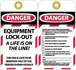 NMC - 3" High x 6" Long, DANGER - EQUIPMENT LOCK-OUT - A LIFE IS ON THE LINE! THIS TAG & LOCK TO BE REMOVED ONLY BY THE PERSON SHOWN ON BACK, English Safety & Facility Lockout Tag - Tag Header: Danger, 2 Sides, Black, Red & White Unrippable Vinyl - Caliber Tooling