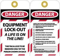 NMC - 3" High x 6" Long, DANGER - EQUIPMENT LOCK-OUT - A LIFE IS ON THE LINE! THIS TAG & LOCK TO BE REMOVED ONLY BY THE PERSON SHOWN ON BACK, English Safety & Facility Lockout Tag - Tag Header: Danger, 2 Sides, Black, Red & White Unrippable Vinyl - Caliber Tooling