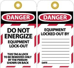 NMC - 3" High x 6" Long, DANGER - DO NOT ENERGIZE - EQUIPMENT LOCK-OUT - THIS TAG & LOCK TO BE REMOVED ONLY BY THE PERSON SHOWN ON BACK, English Safety & Facility Lockout Tag - Tag Header: Danger, 2 Sides, Black, Red & White Unrippable Vinyl - Caliber Tooling